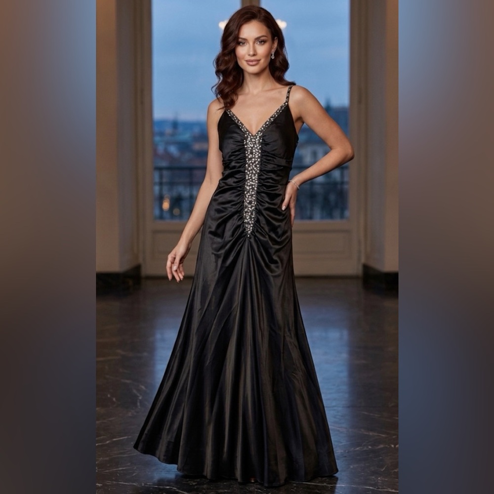 Lenovia USA Black Ruched Rhinestone Embellished Evening Gown Maxi Dress Medium
